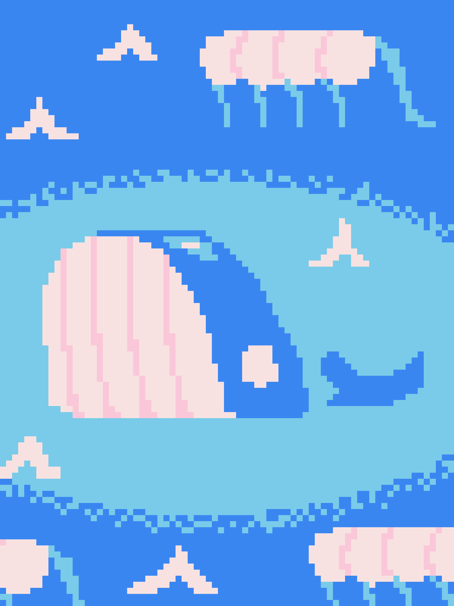 A pixel art image depicts a large, pink, spherical object resembling a baby's head or a balloon floating in a blue sky with…