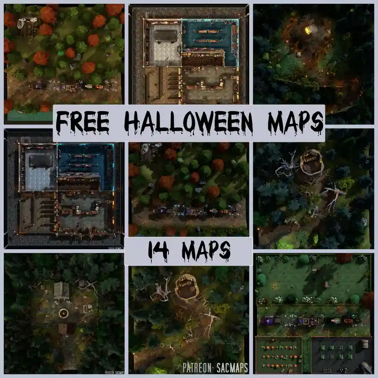 A collage of nine top-down fantasy maps featuring spooky Halloween scenes like haunted forests, creepy houses, and eerie…
