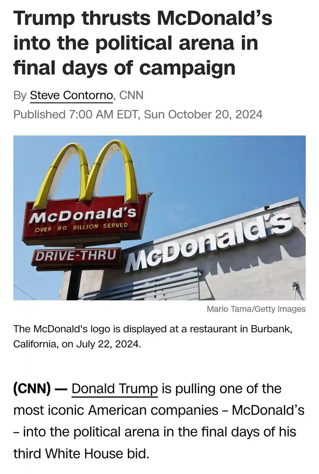 The image shows a McDonald's restaurant with its iconic golden arches and red sign against a clear blue sky. The overlaid…