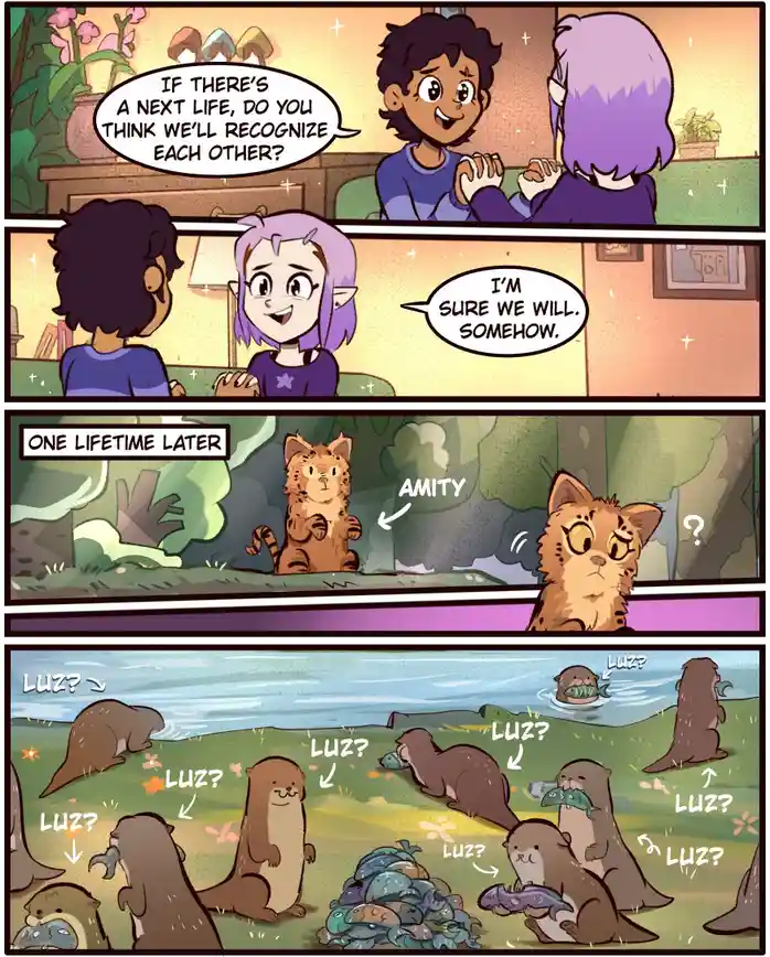 A four-panel comic strip shows two humans talking about recognizing each other in a next life. One lifetime later, a cat…