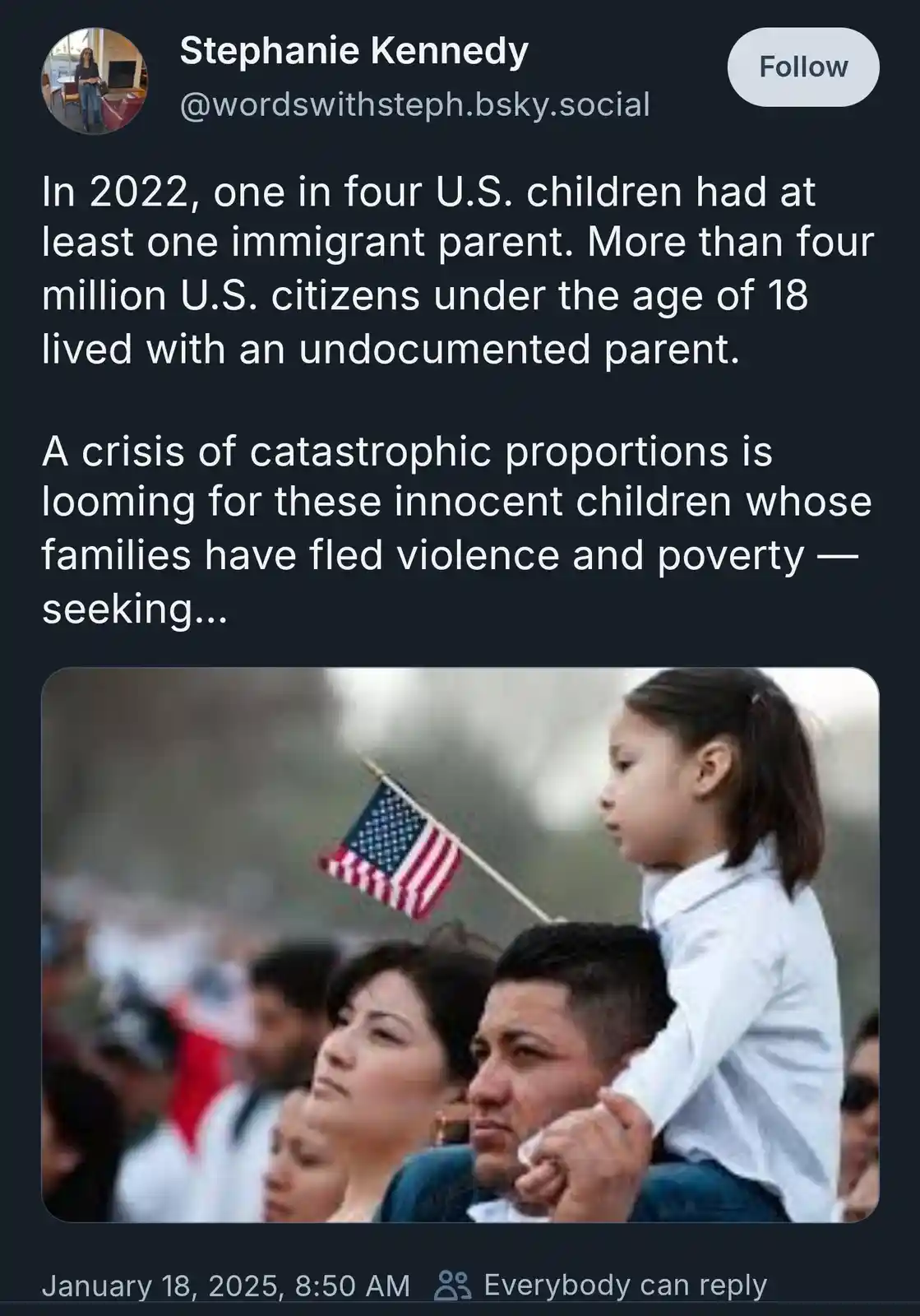 A screenshot of a social media post by Stephanie Kennedy showing a photo of a young girl sitting on a man's shoulders at an…