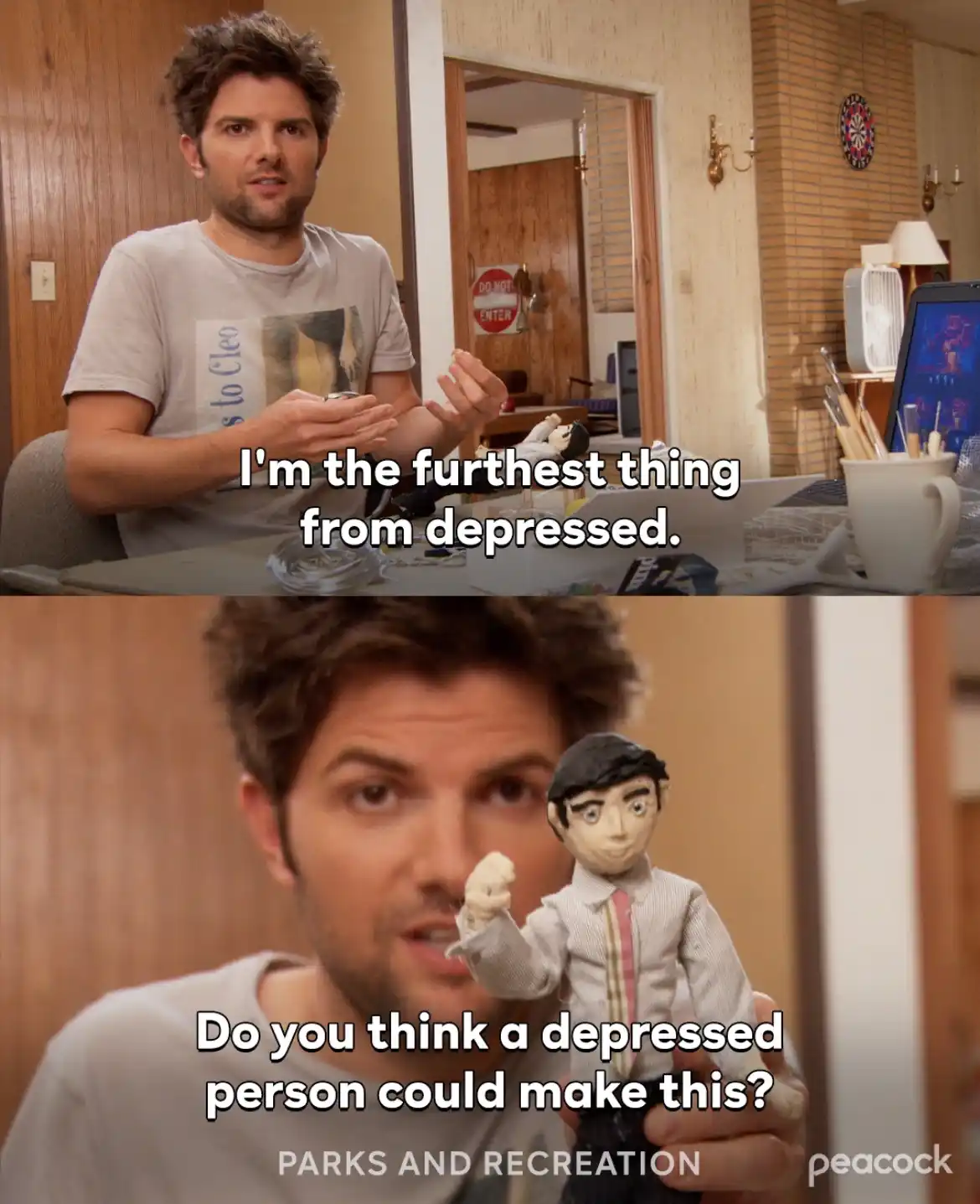 The meme features two panels from the TV show 'Parks and Recreation'. In the top panel, actor Adam Scott sits at a cluttered…