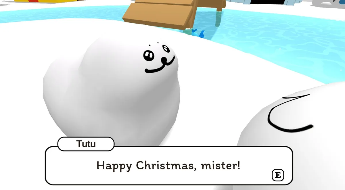 A screenshot from the game 'Snowman' shows a white, cartoonish snowman character named 'Tutu' with a simple smiling face…
