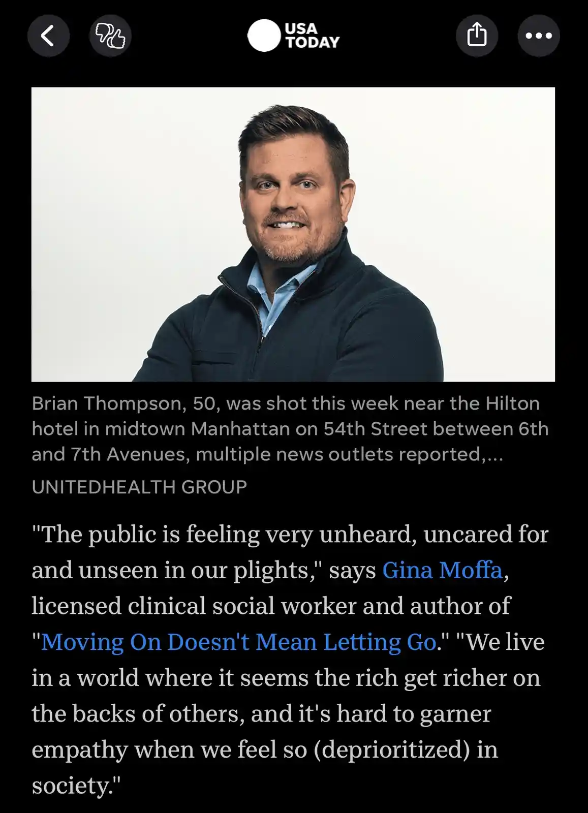 A screenshot of a USA TODAY news article shows a photo of Brian Thompson, a man in a dark zip-up jacket over a light blue…