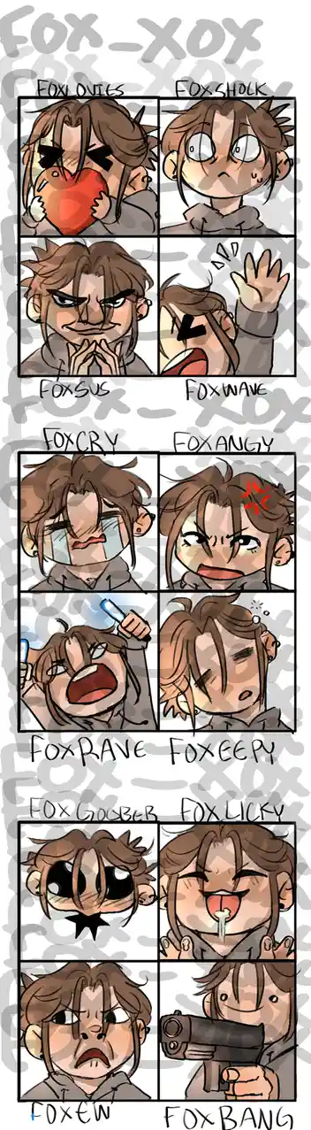 A comic strip featuring a brown-haired character in eight panels, each labeled with a different emotion or state like…
