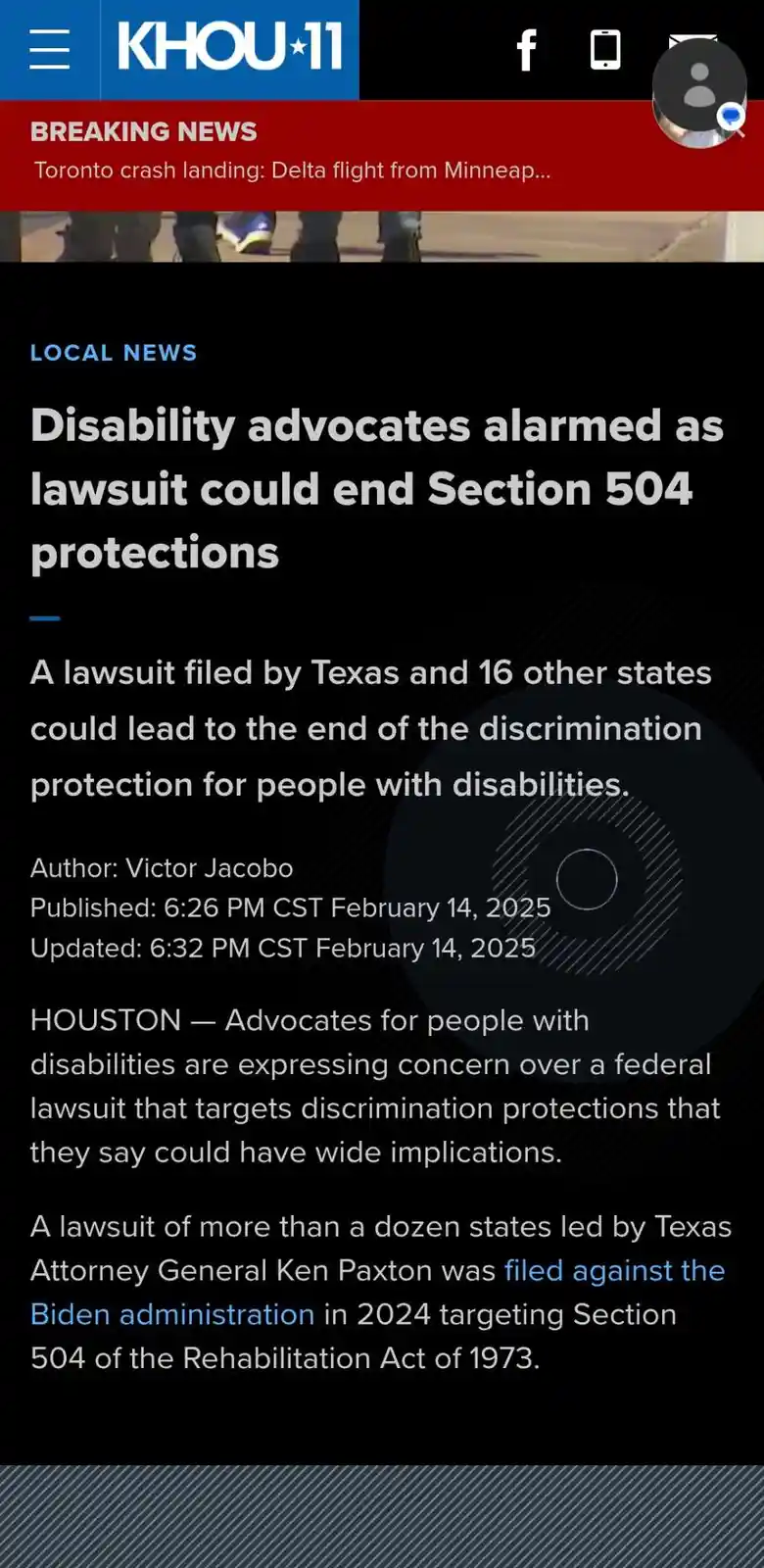 A screenshot of a KHOU 11 news article titled 'Disability advocates alarmed as lawsuit could end Section 504 protections'…