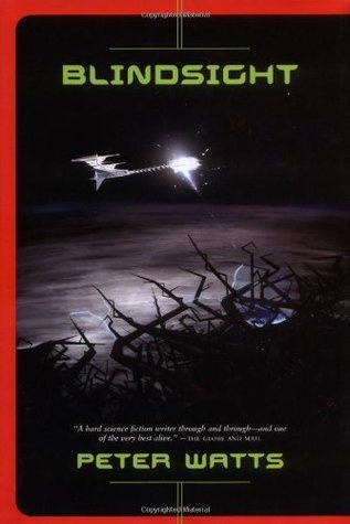 The image shows the cover of the science fiction novel 'Blindsight' by Peter Watts. It depicts a spaceship flying over a…