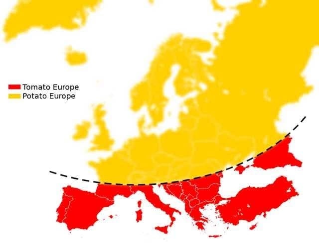 A map of Europe divided by a dashed line into two regions: the southern and southeastern part is colored red and labeled…