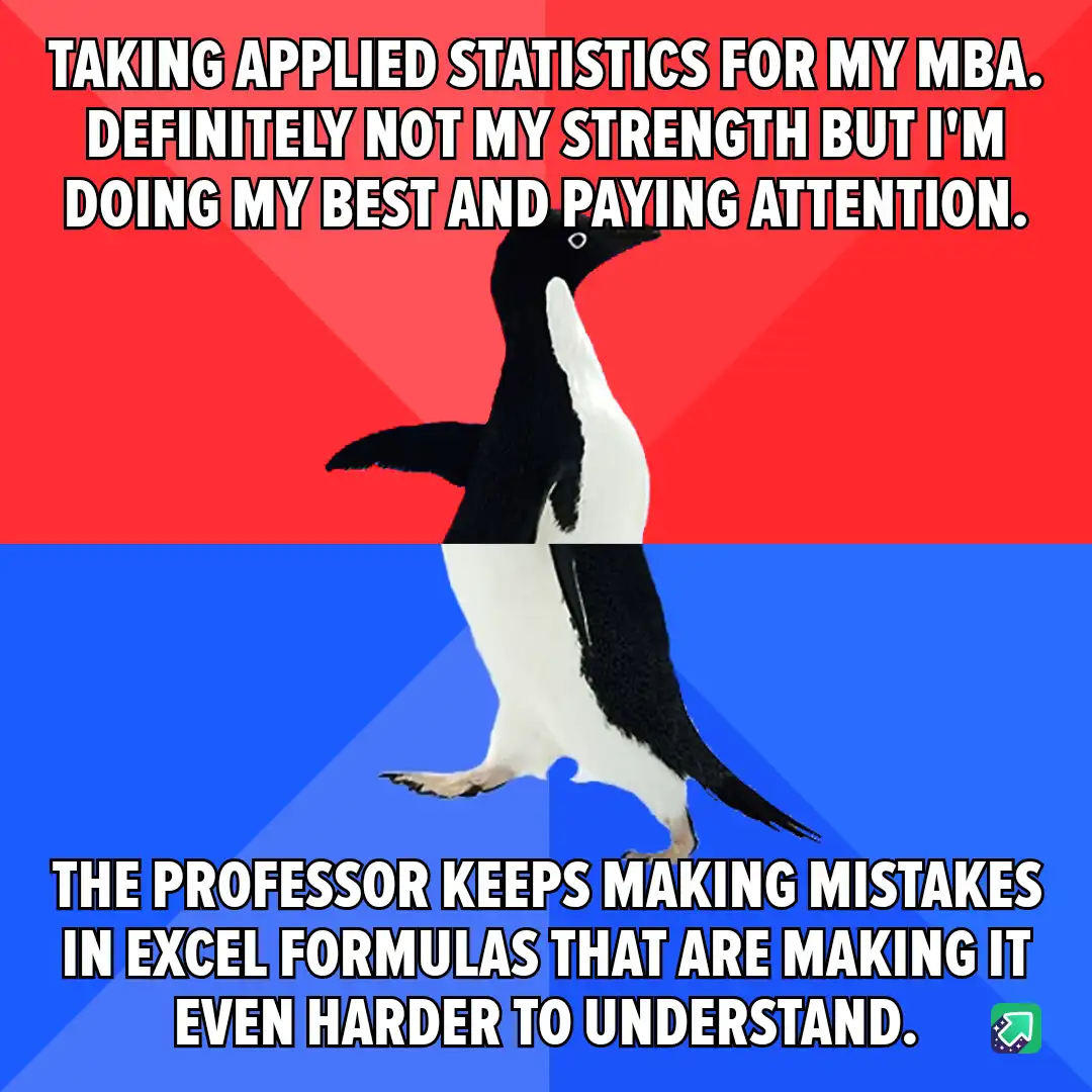 A penguin stands upright against a red and blue background, with white text overlaid in two sections. The top text reads…