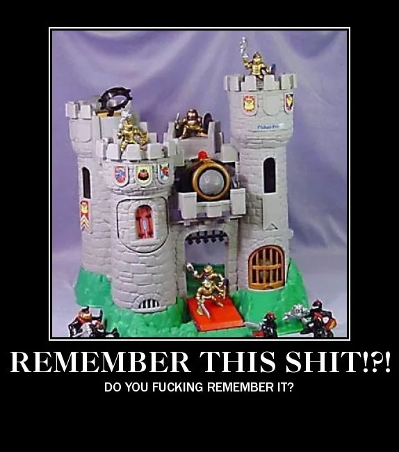 A plastic toy castle with multiple towers, a central gate, and small knight figures positioned on top and around the base…