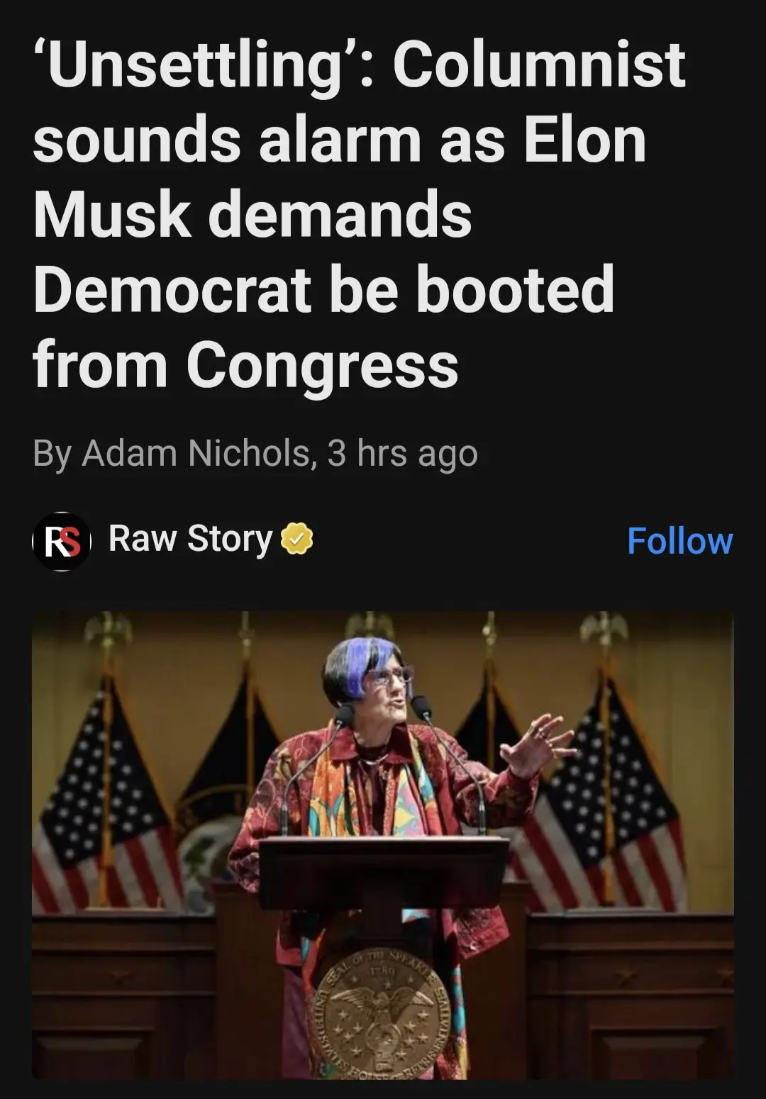 A screenshot of a Raw Story article headline about Elon Musk demanding a Democrat be removed from Congress, overlaid on an…