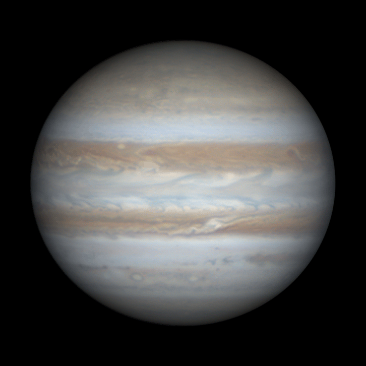 The image displays six photos of Jupiter arranged in two rows of three. Each photo shows the planet's characteristic striped…