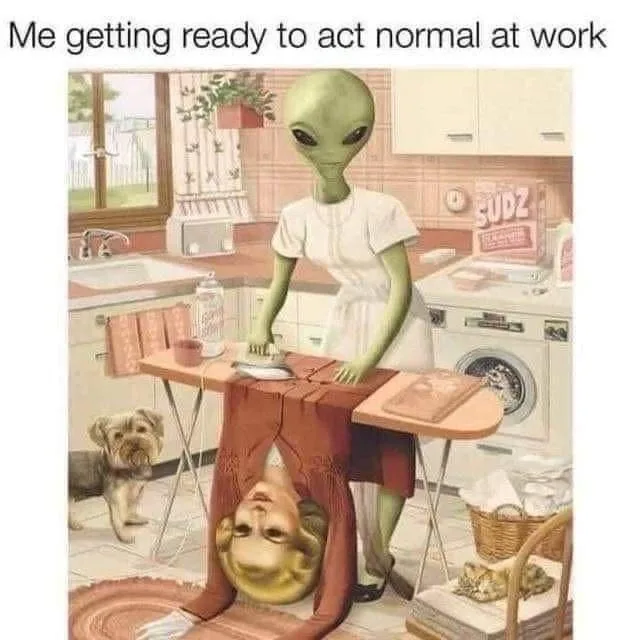 A green-skinned alien in a white dress stands at an ironing board in a retro kitchen, ironing a shirt that has a human face…