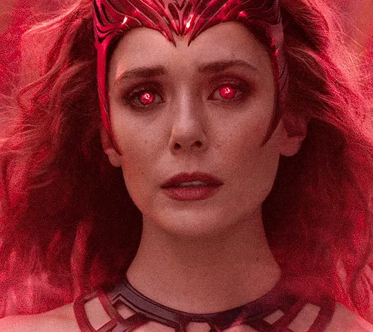 The image displays six identical panels arranged in two rows of three, each showing the character Wanda Maximoff (Scarlet…