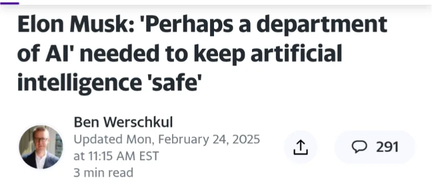 A screenshot of a news article snippet with the headline 'Elon Musk: 'Perhaps a department of AI' needed to keep artificial…