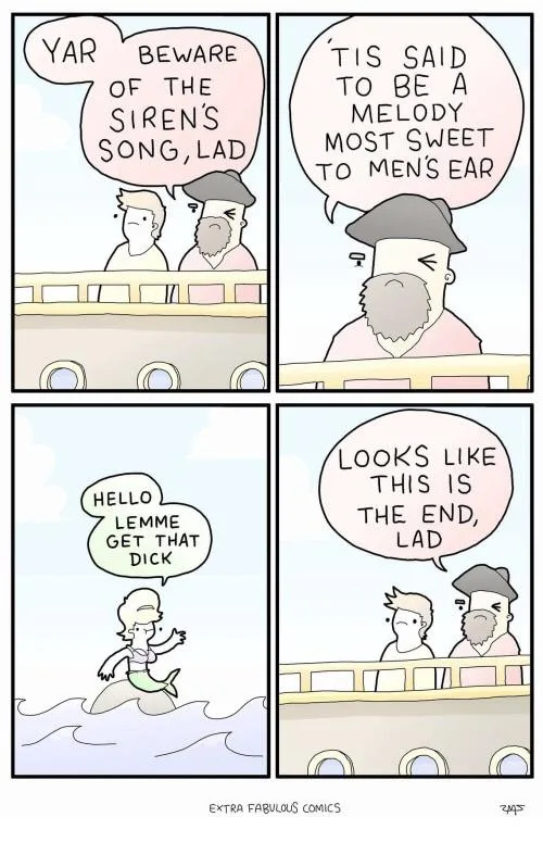 A four-panel comic strip shows two sailors on a ship warning each other about sirens. The first sailor warns of the siren's…