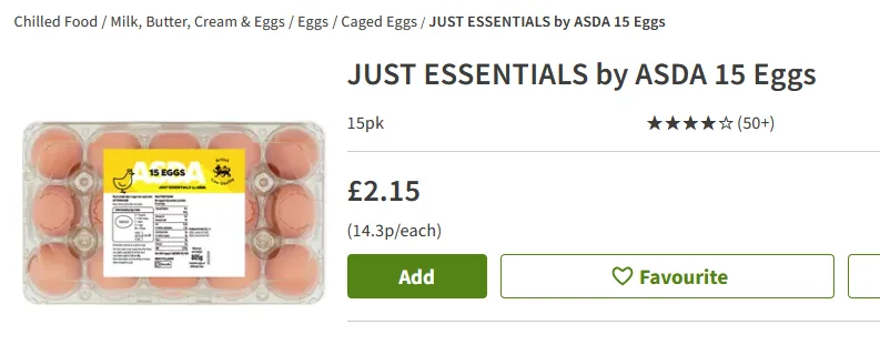 An online grocery product page for 'JUST ESSENTIALS by ASDA 15 Eggs' showing a 15-egg carton priced at £2.15 (14.3p each)…
