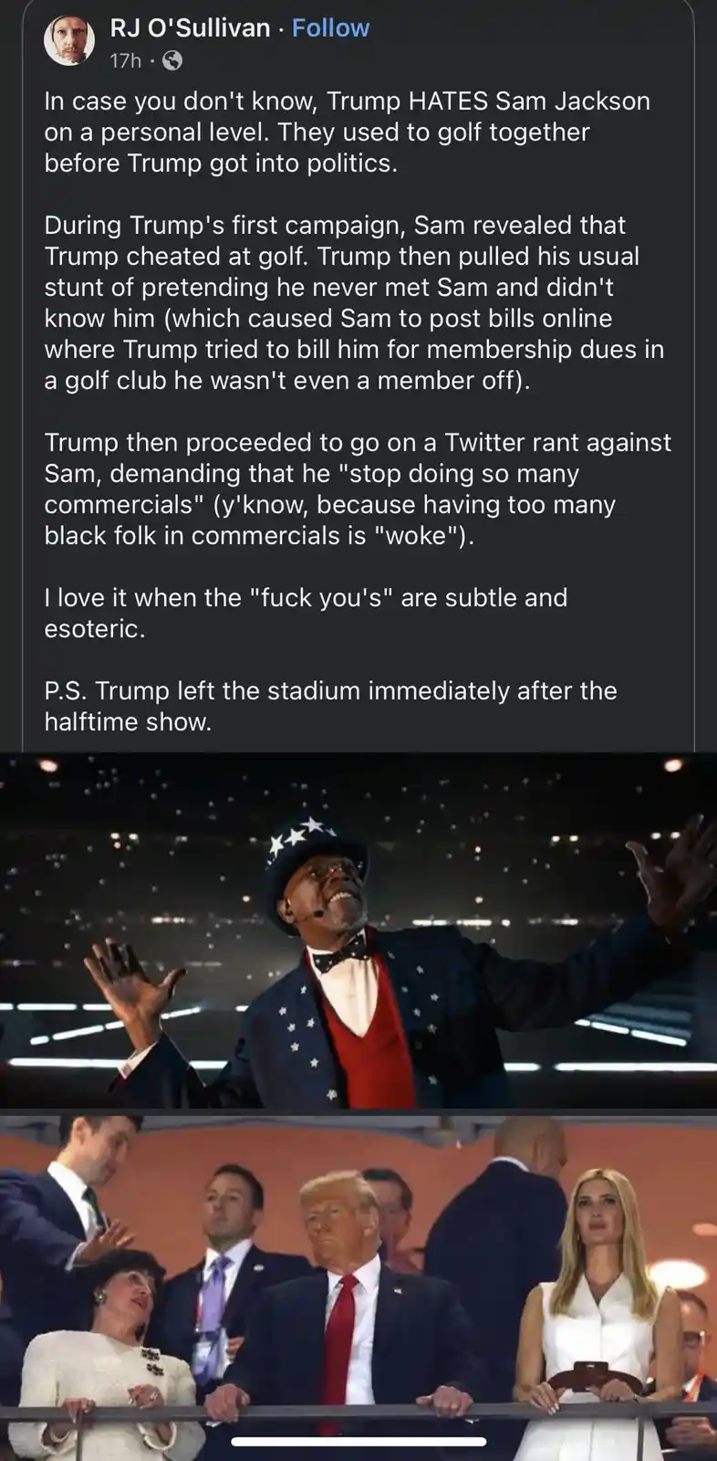 The image is a two-panel meme. The top panel shows Samuel L. Jackson in a patriotic costume with arms raised, looking…