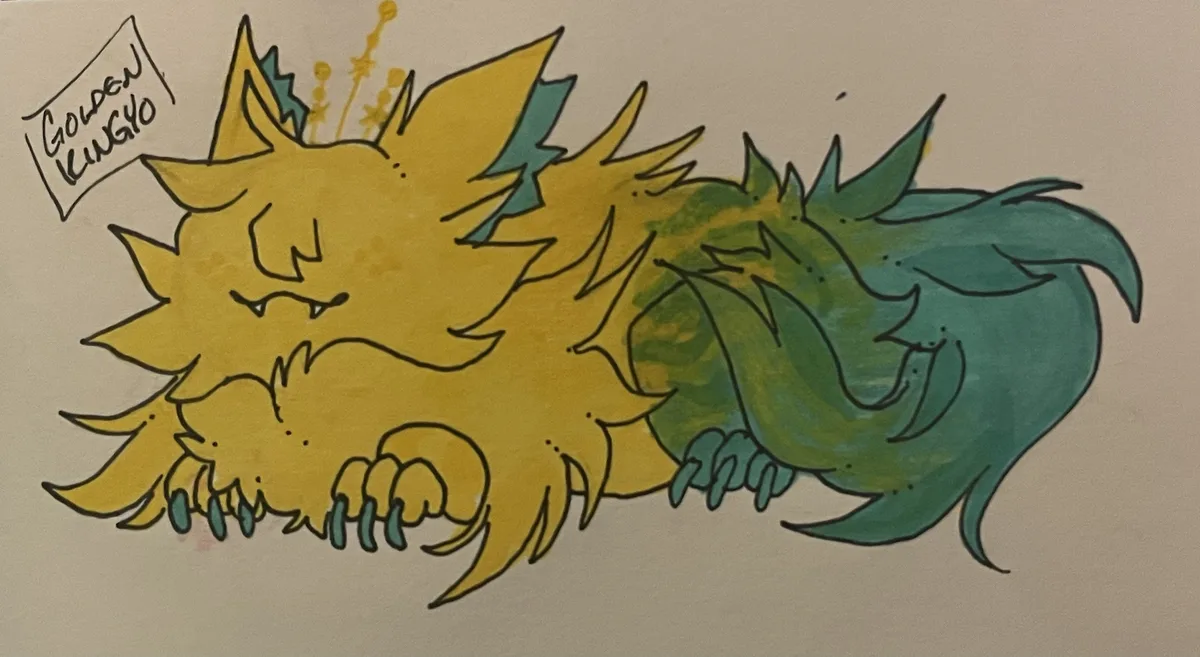 A hand-drawn cartoon dragon with a yellow head and green body, lying down with a smug expression and small golden crown-like…