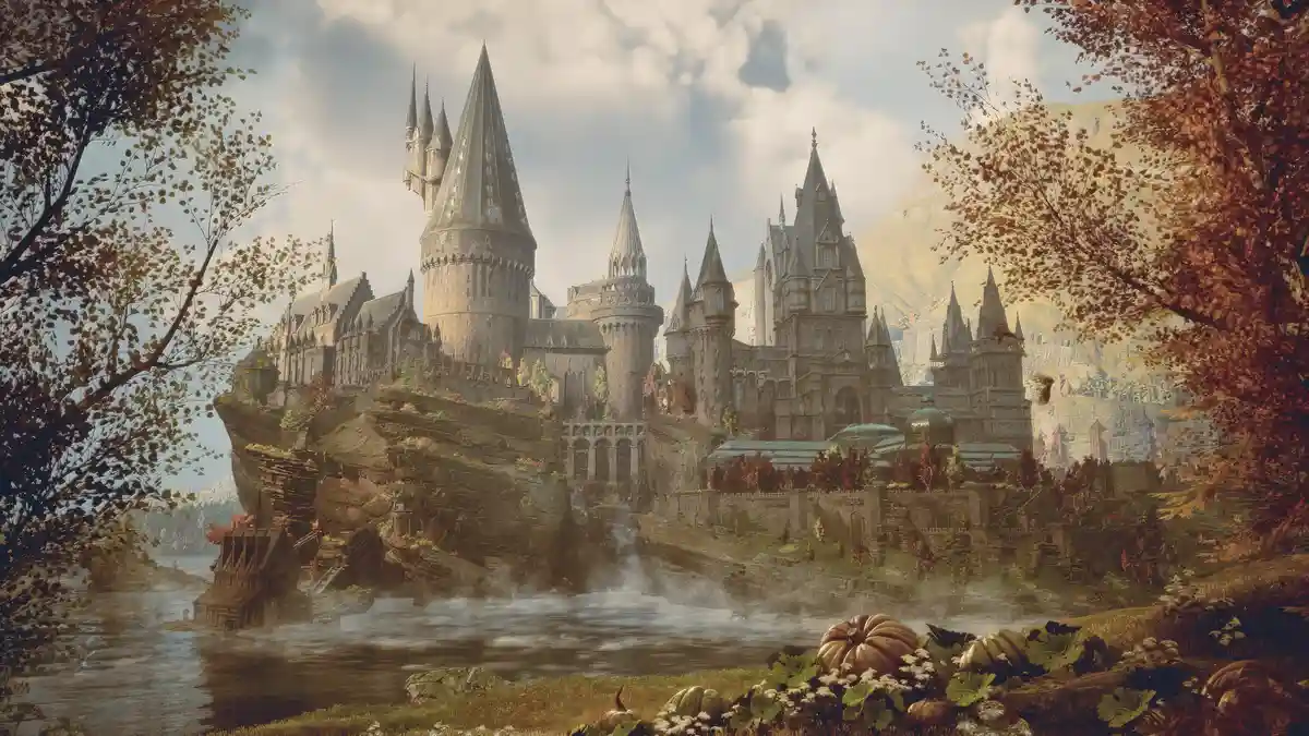 A majestic, gothic-style castle with multiple spires and turrets sits atop a rocky cliff overlooking a misty river, framed…