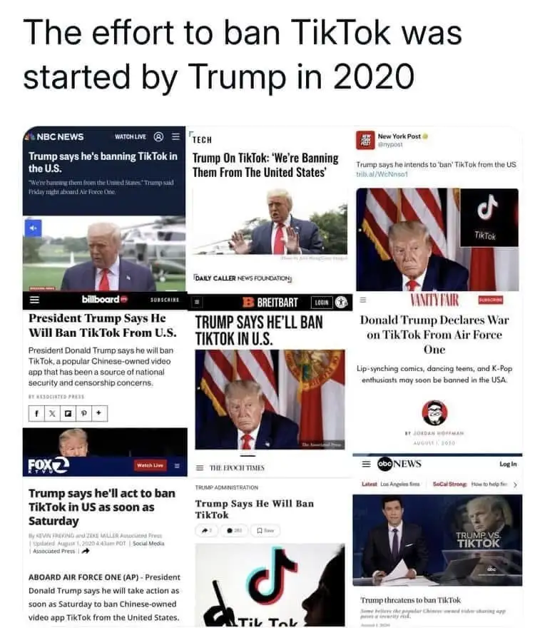 A collage of nine news headlines from 2020, all reporting on Donald Trump's announcement to ban TikTok in the U.S…