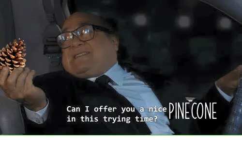 A man in a suit and glasses sits in a car, holding a pinecone in his right hand while gripping the steering wheel with his…