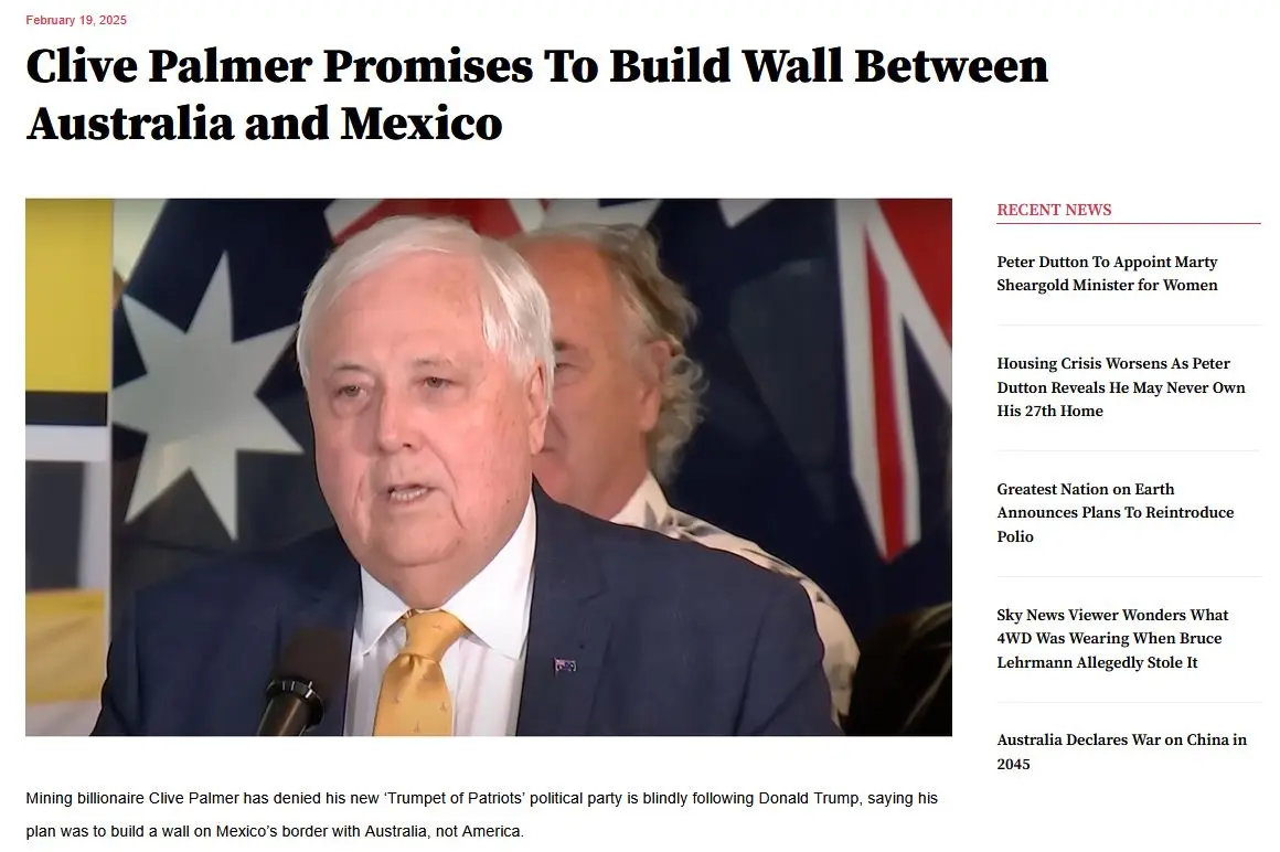 A screenshot of a news article from February 19, 2025, featuring a photo of Clive Palmer speaking at a press conference in…