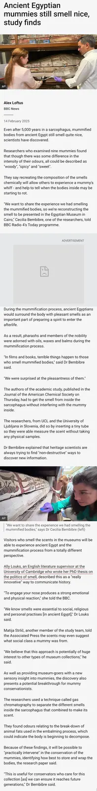 The image shows a news article from BBC News dated February 14, 2025, reporting that scientists found ancient Egyptian…