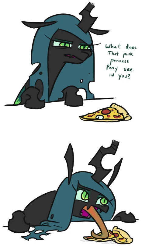 A two-panel cartoon shows a teal and black armored character with green eyes. In the top panel, the character looks down at…