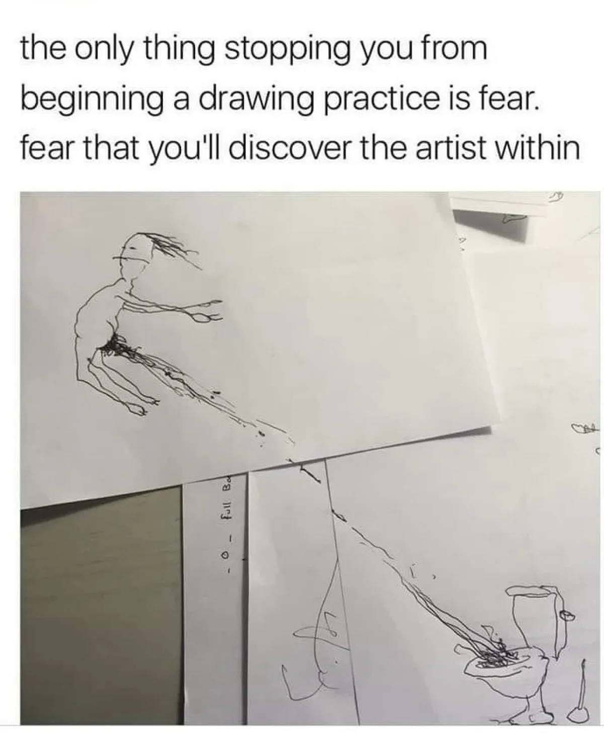 A photo shows several pieces of paper with crude pencil sketches. One sketch depicts a humanoid figure with messy hair and…
