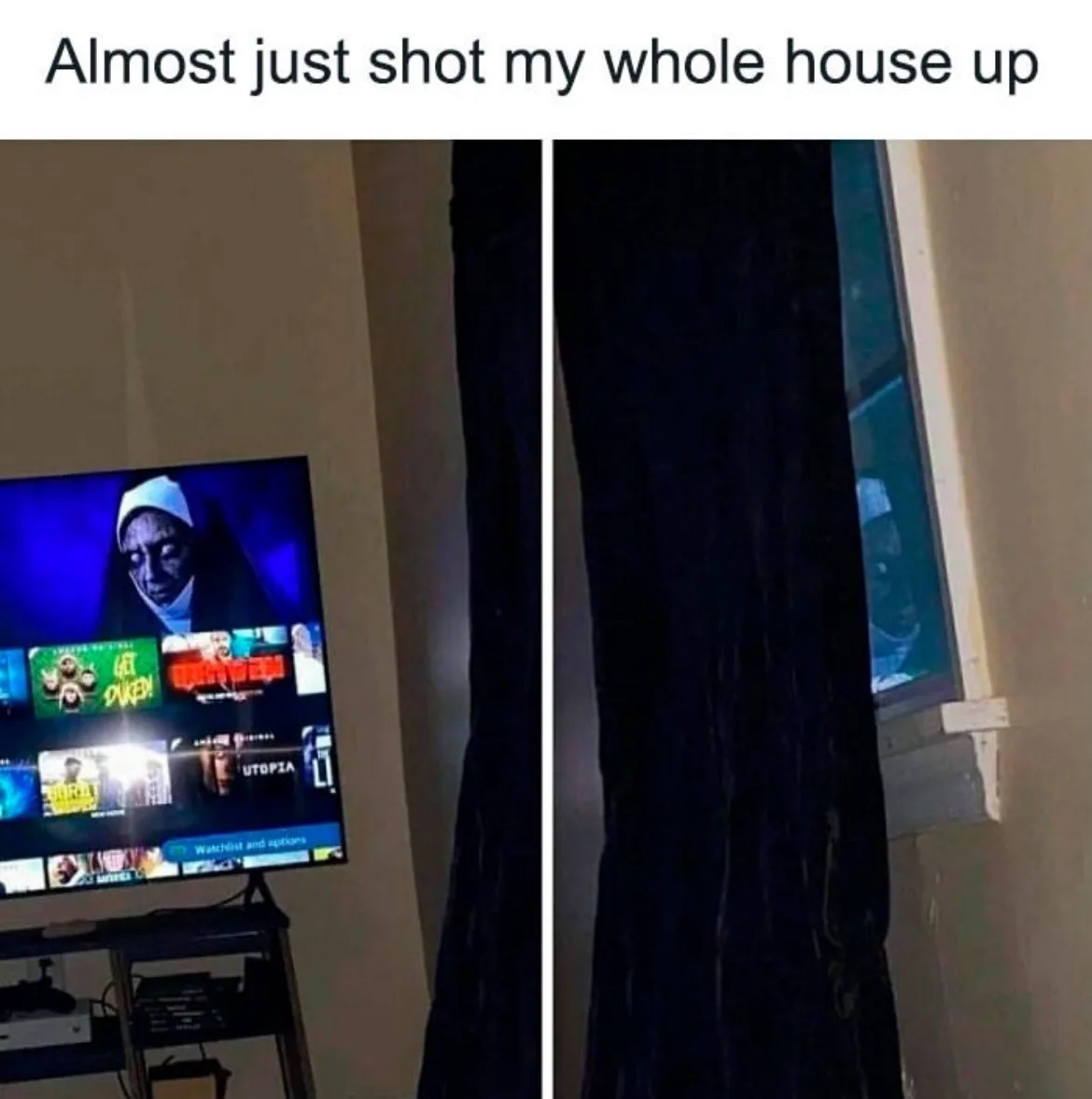 A split-screen image shows a TV displaying a scary nun from the movie 'The Nun' on a streaming service interface, and on the…