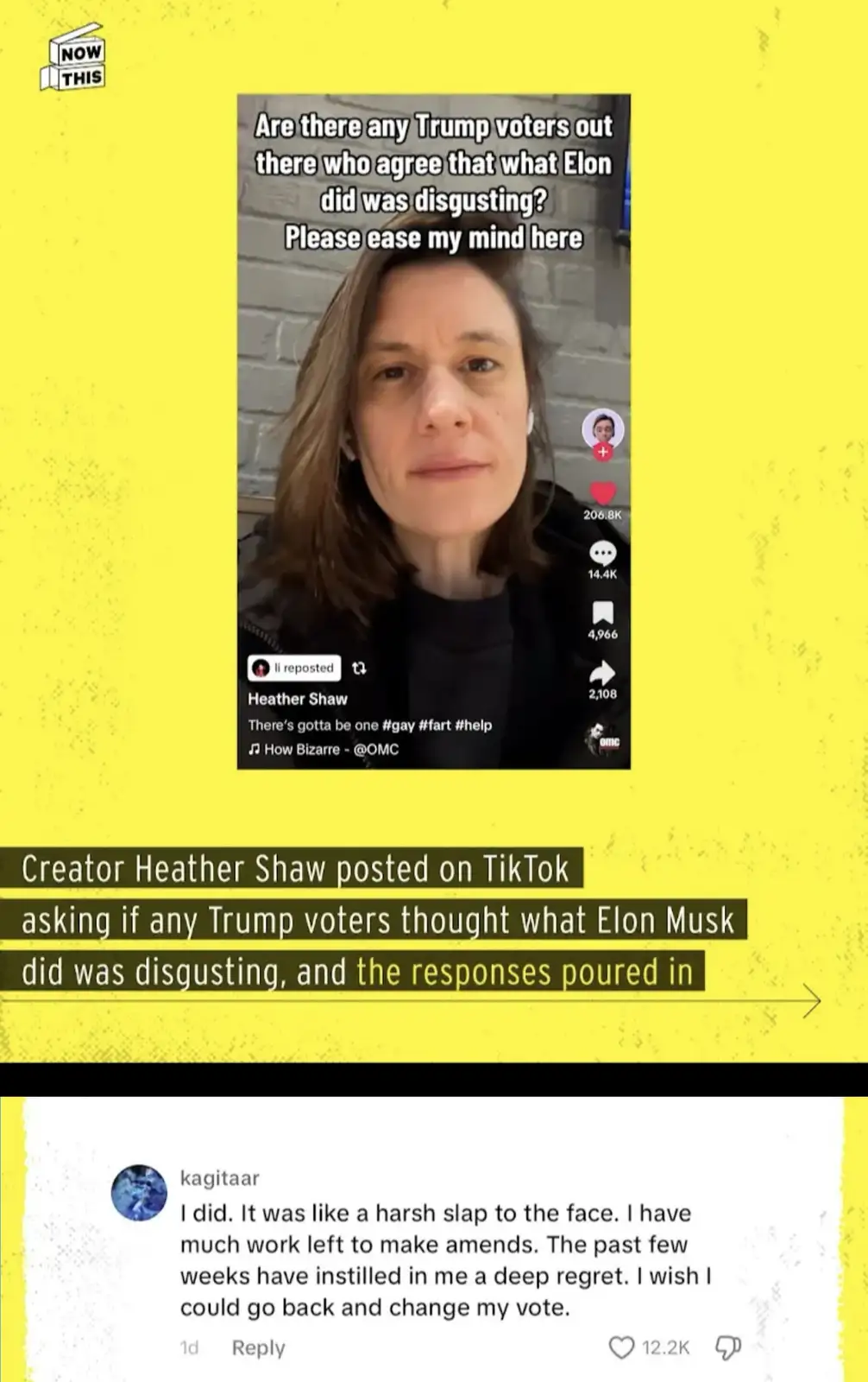 A screenshot of a TikTok video by Heather Shaw, who asks if any Trump voters think Elon Musk's actions were disgusting…