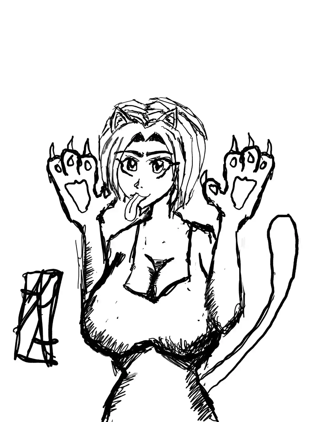 A black-and-white sketch shows an anime-style character with cat ears, a tail, and clawed hands, licking their lips while…