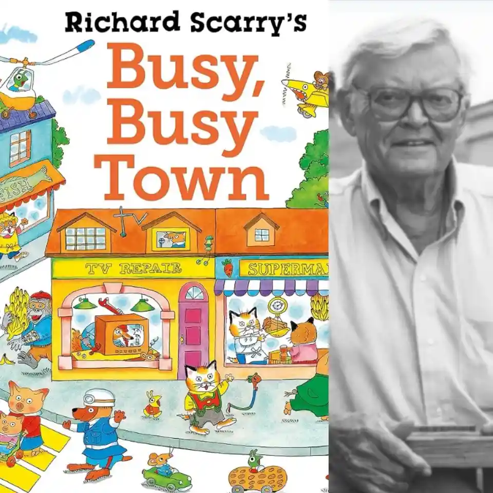 The image is a split-screen: the left side shows the colorful cover of Richard Scarry's children's book 'Busy, Busy Town,'…