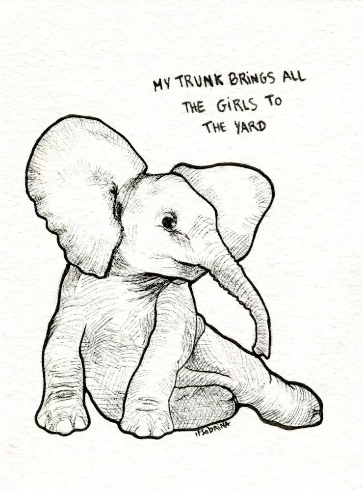 A black-and-white sketch of a cute, sitting baby elephant with large ears and a curved trunk, looking slightly to the side…