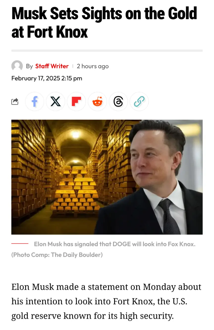 A fake news article screenshot shows a headline 'Musk Sets Sights on the Gold at Fort Knox' with a photo of Elon Musk…