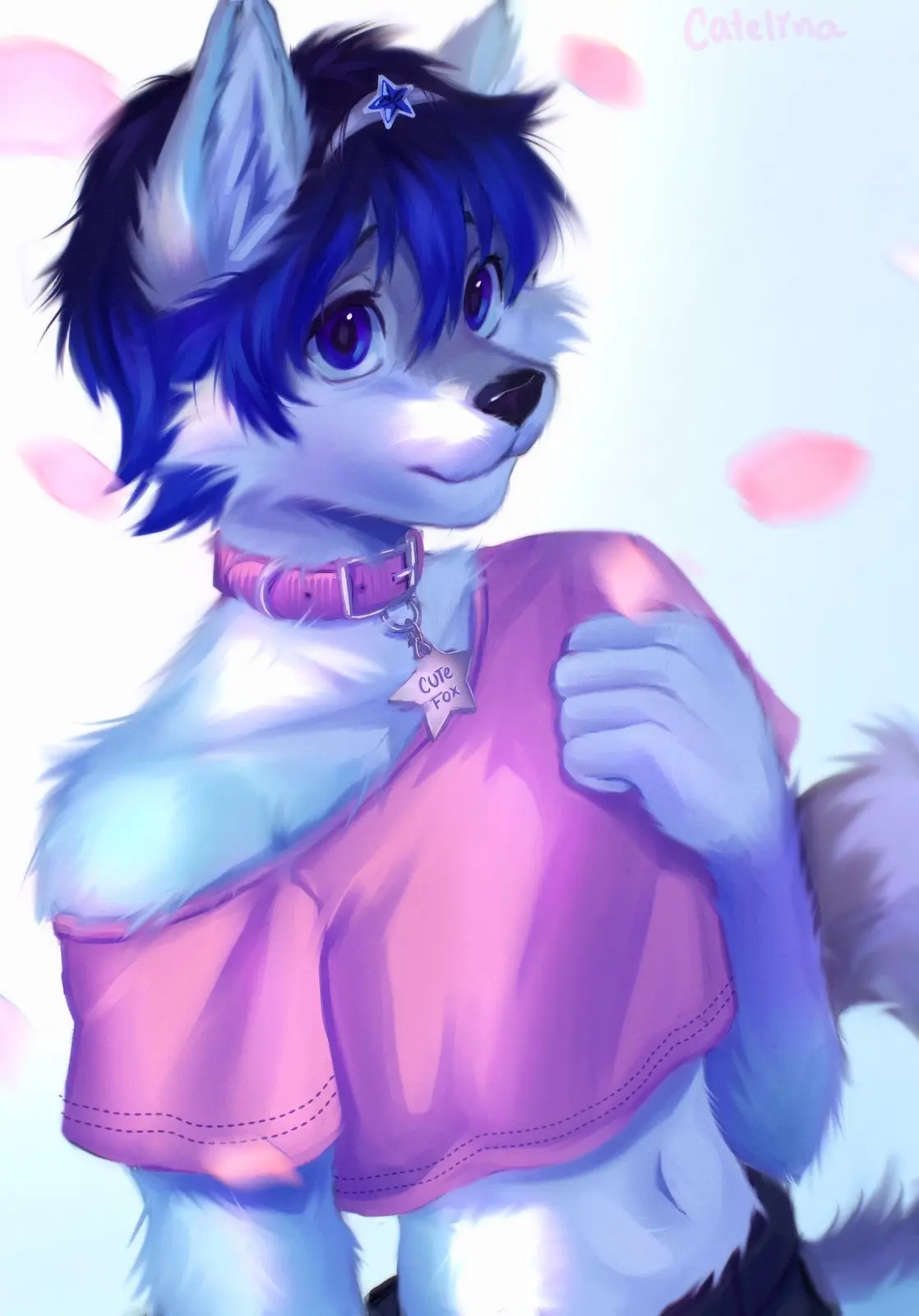 A blue-furred anthropomorphic fox with purple eyes and a star hair clip wears a pink t-shirt and a matching collar with a…