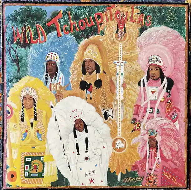 A colorful, hand-painted artwork depicting five figures in elaborate, feathered ceremonial costumes resembling Mardi Gras…