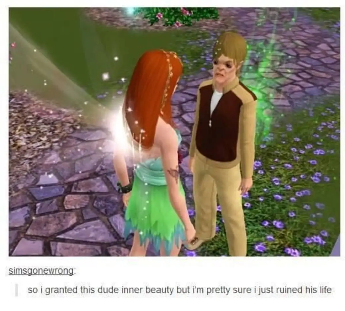 A screenshot from The Sims 3 shows a female Sim with glowing hair and a green dress facing a male Sim with a grotesque…