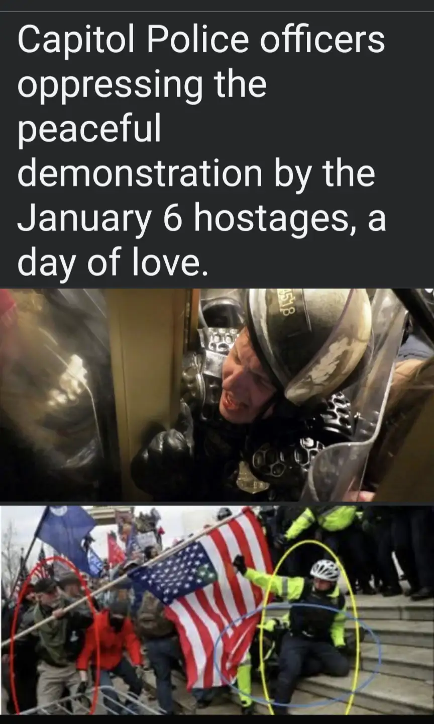 The image is a two-panel meme. The top panel shows a close-up of a Capitol Police officer in riot gear, grimacing with…