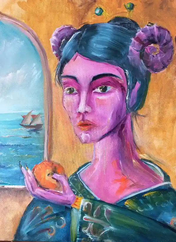 A stylized painting shows a woman with purple skin and hair in ornate buns, holding an apple. She stares directly at the…