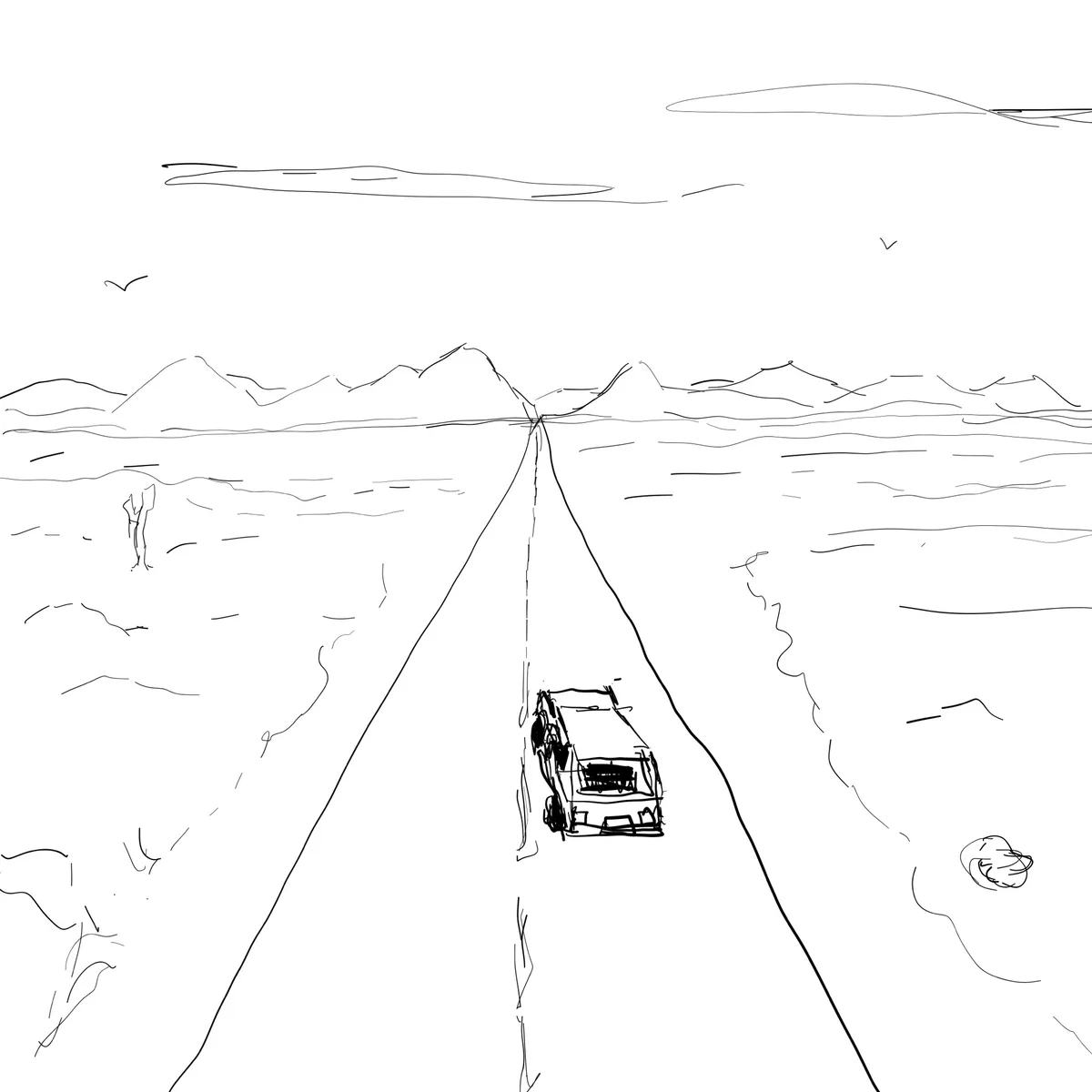 A simple black-and-white line drawing shows a car driving down a road that splits into two diverging paths, one leading to a…