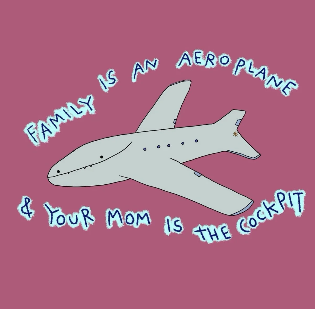 A cartoon airplane with a smiling face is centered on a solid pink background. Blue, jagged-edged text in a handwritten…