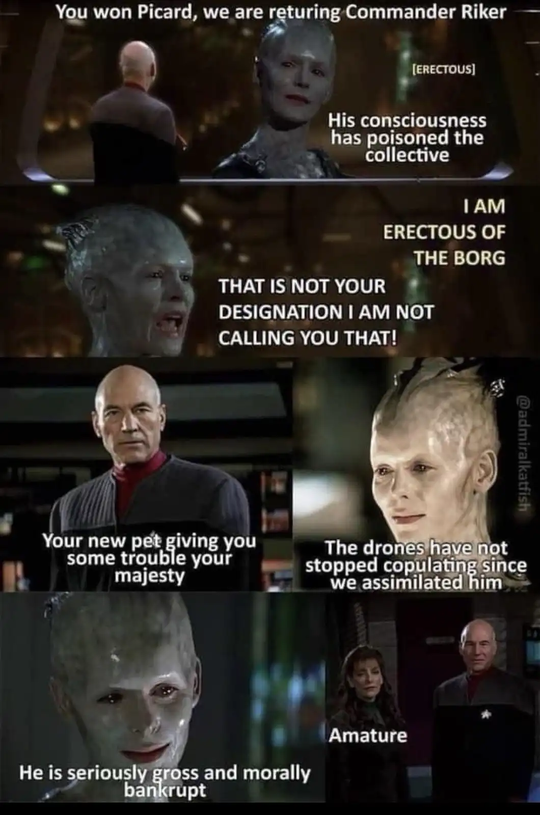 A four-panel Star Trek meme featuring the Borg Queen and Captain Picard. The Queen, labeled '[ERECTOUS]', claims Picard's…