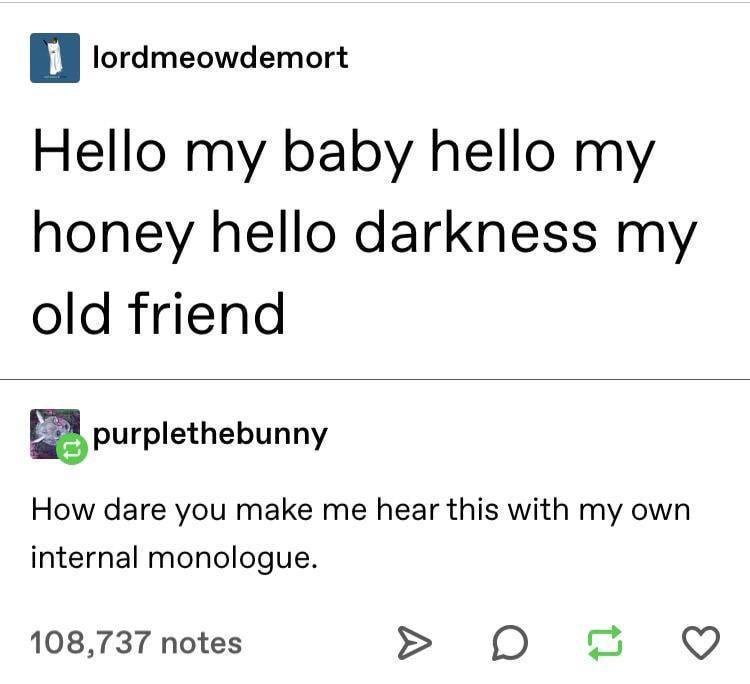 A screenshot of a Tumblr post showing a user named 'lordmeowdemort' posting the lyrics 'Hello my baby hello my honey hello…