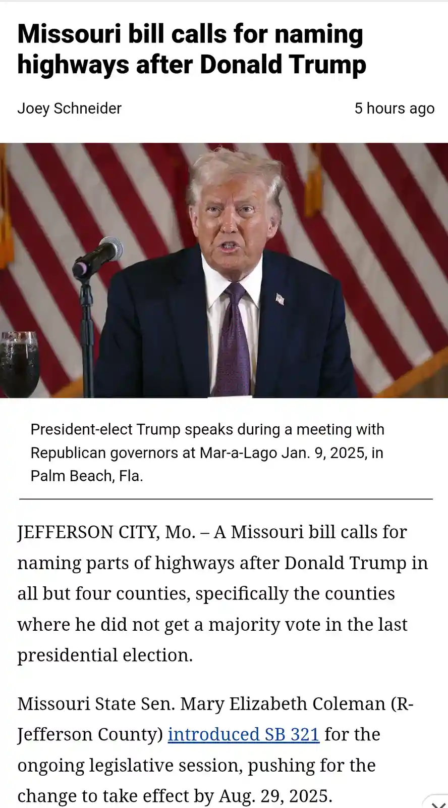 A screenshot of a news article shows a photo of Donald Trump speaking at a microphone in front of an American flag. The…