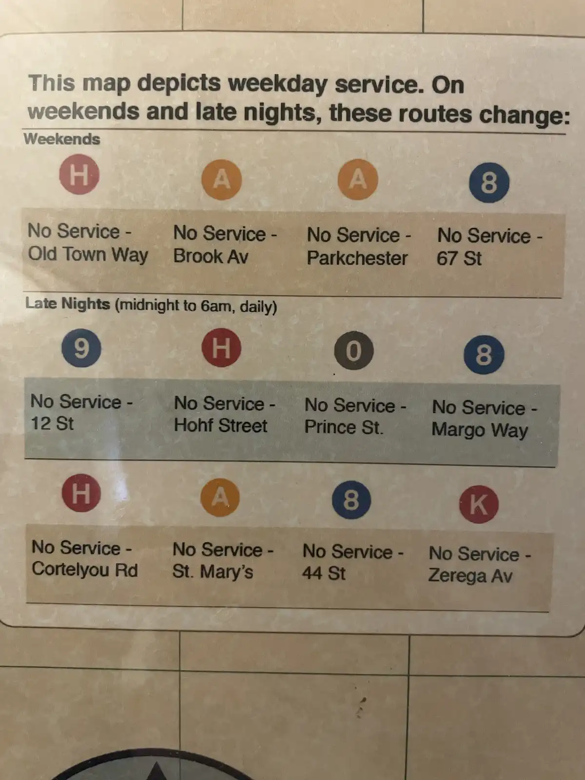 A public transit map section showing service changes for subway lines H, A, 8, 9, 0, K, and others on weekends and late…