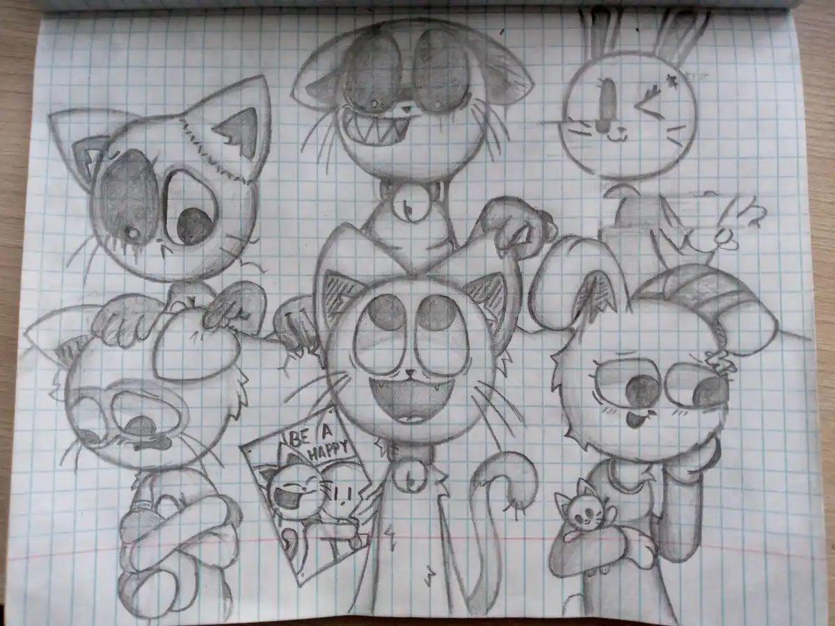 A pencil sketch on graph paper shows six cartoon cats with exaggerated, expressive faces. The central cat holds a small…