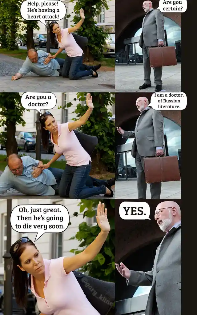 A woman kneels beside a man collapsed on the sidewalk, shouting for help. A man in a suit approaches, asking if she is…