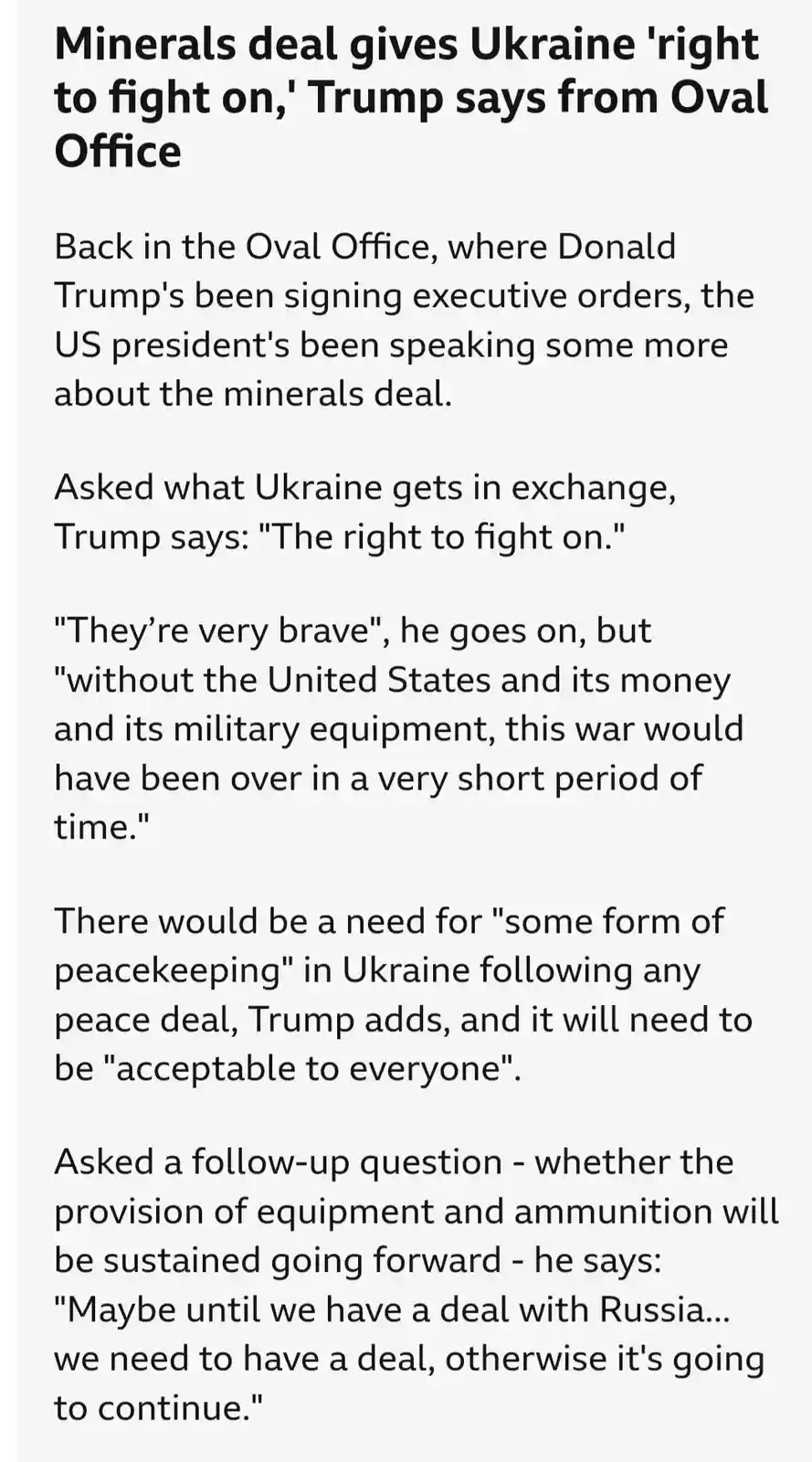 The image displays a screenshot of a news article with black text on a white background. The headline reads 'Minerals deal…